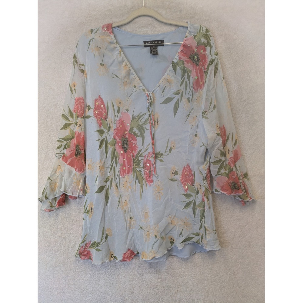 Anne Carson Blouse Women's 2X Y2K Floral Silk Sequin Ruffle Sleeve V-Neck